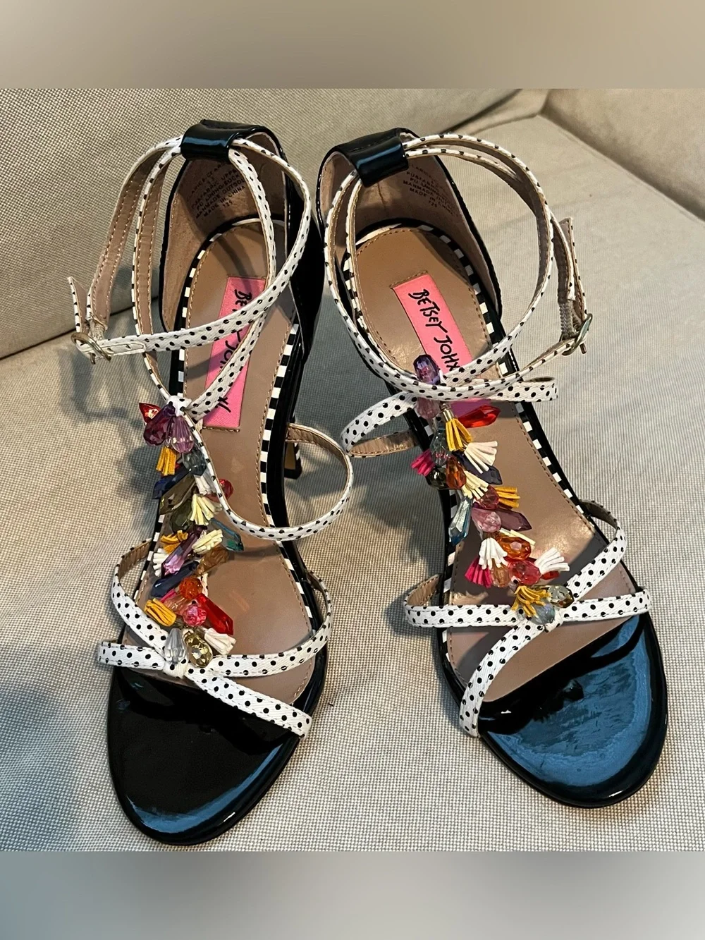 Betsey Johnson Black Patent Polka Dot Strap Jeweled High Heels